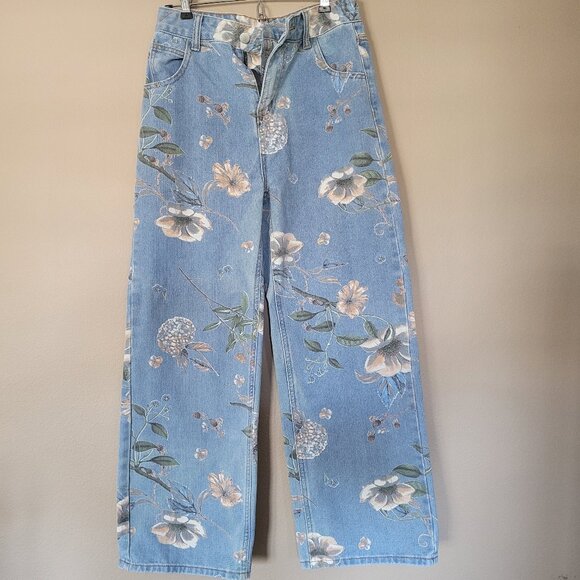 Floral Blue Jeans, Wide Leg - Size M - Picture 1 of 5